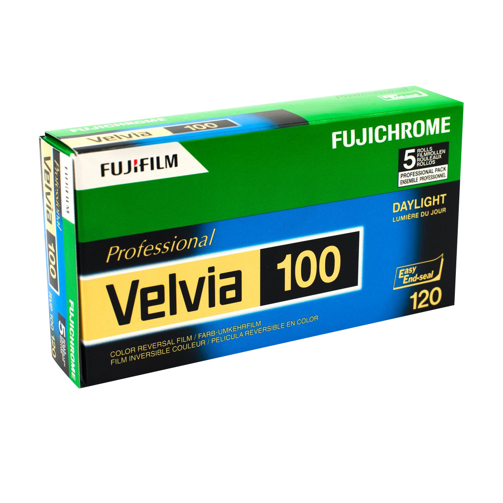 Fujichrome Velvia 100 Medium-speed, daylight-type, colour reversal film with ultrafine grain and ultrahigh colour saturation through the incorporation of new-generation cyan, magenta, and yellow couplers. Suited especially to scenery and nature photography. Provides colour image stability equal to that of RVP 100F and can be push-processed up to +1 stop. Available formats: 35mm, 120 and 5×4
