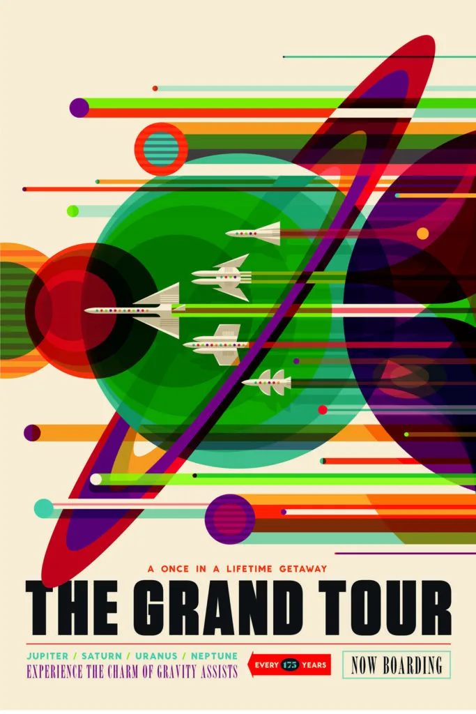 Photo of a fantasy image called the Grand Tour showing space ships and advertising an out of the universe experience. This was printed on an ultra white 100% cotton paper.